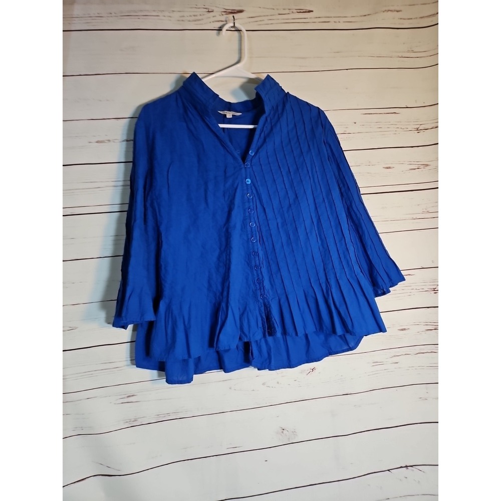 John + Mark ‎ Pleated Solid Wire Collar 3/4 Sleeve Button Front Shirt Size PXL